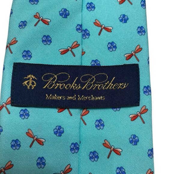 Brooks Brothers Makers Tie Men's Necktie Silk Dragonflies Flowers Turquoise Long - Picture 4 of 6